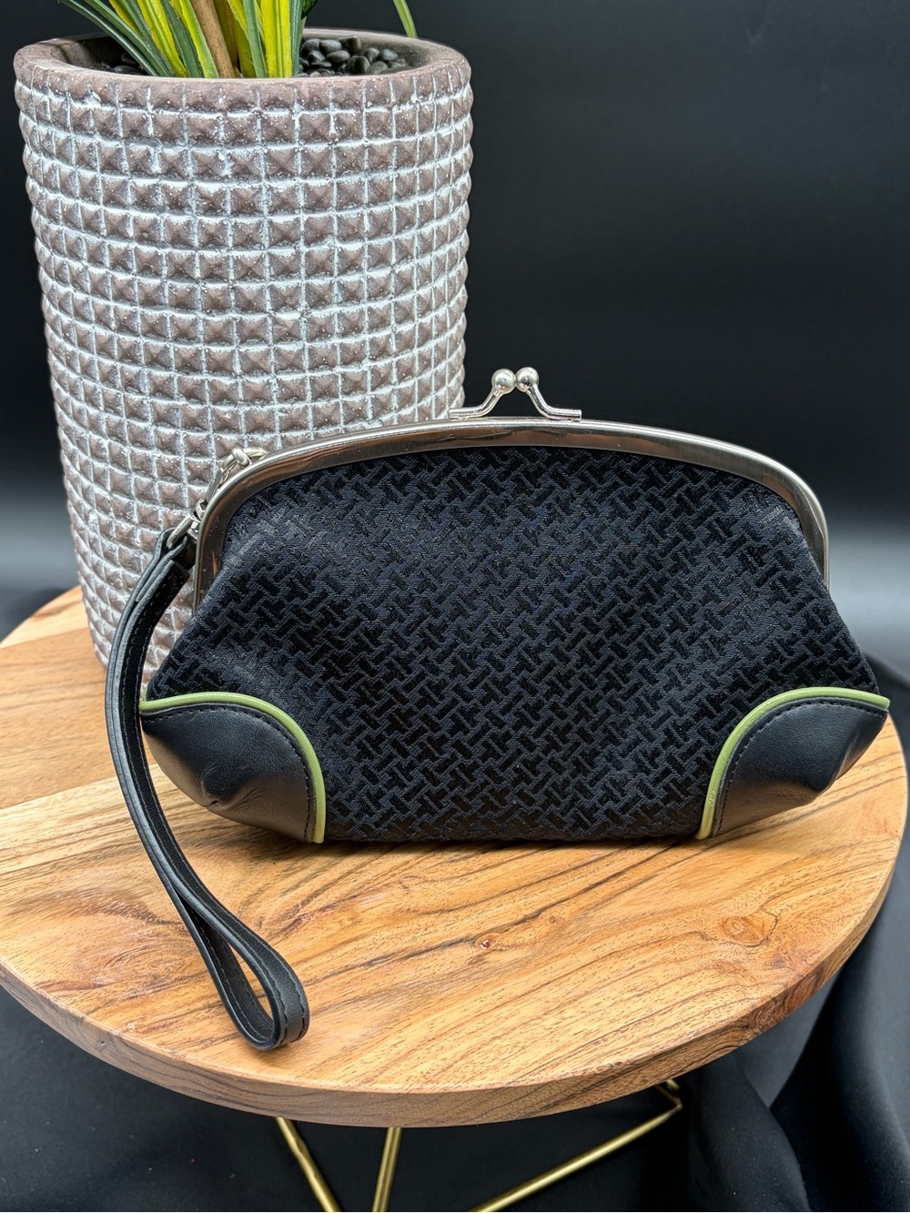Talbots Black Textured Wristlet with Lime Trim